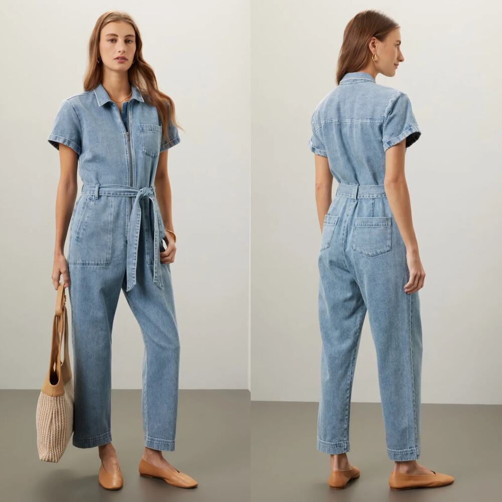 Splendid Erika Denim Jumpsuit Short Sleeve Zip Front Tie Waist Tapered Blue L